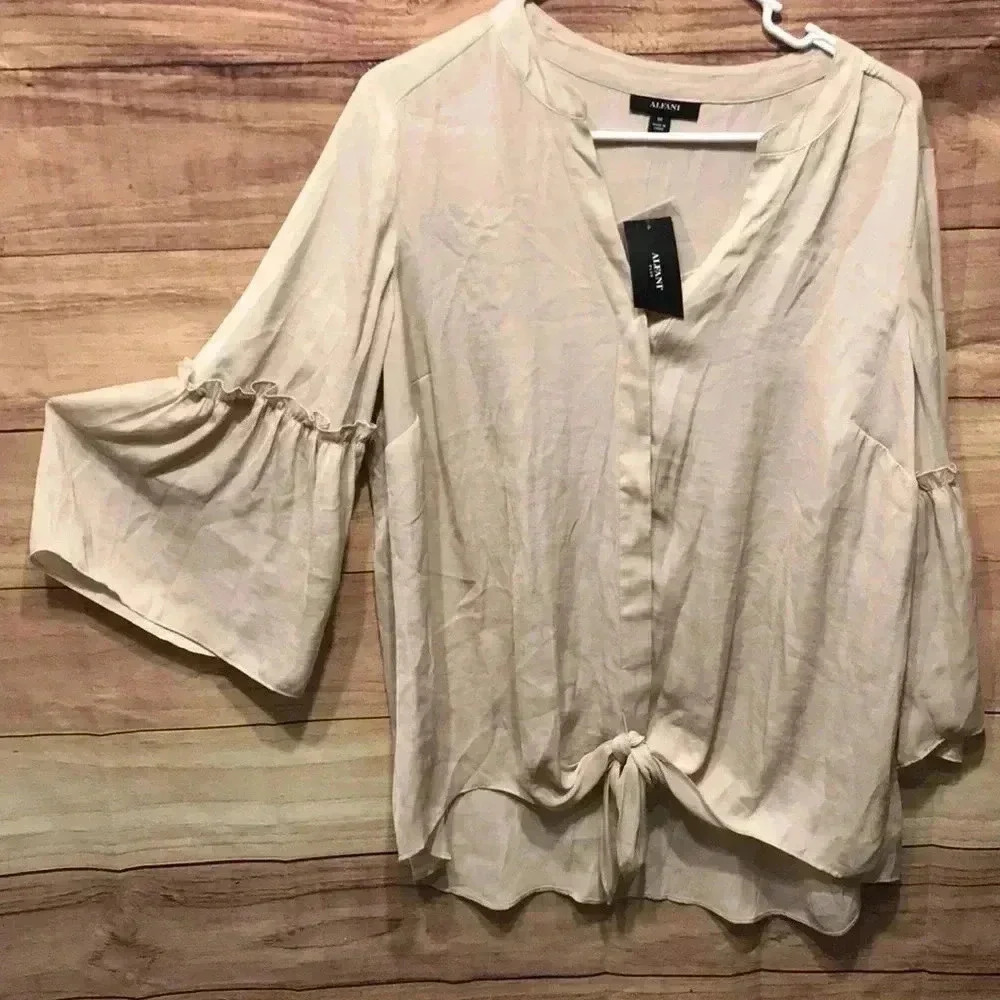 Alfani Womans Tie-Hem Top Blouse Lantern-Sleeve Polished Beige Size 0X